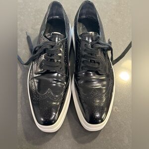 Prada Women's Black Leather Platform Brogues with Wingtip Size 37.5
